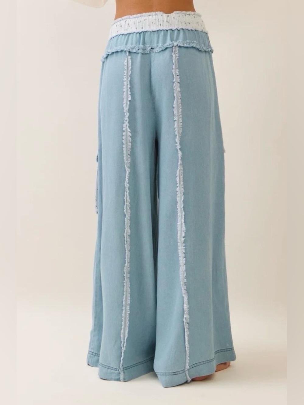 Oddi Wide-Leg Tencel Flowy Pants with Lace Pockets ~ Cream & Blue - Picture 3 of 10